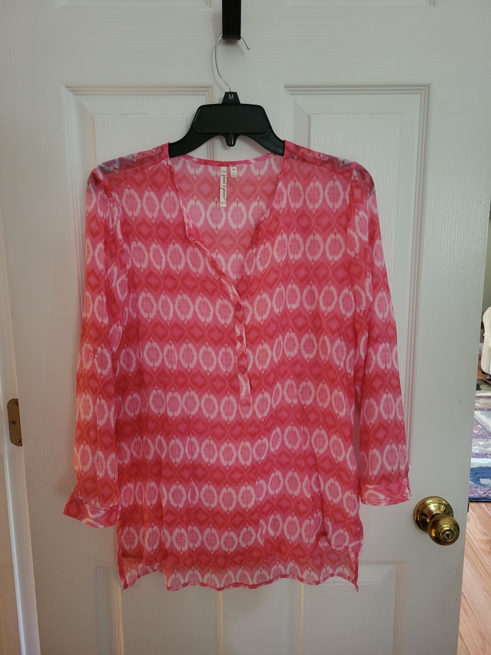 grand & greene Sheer Pink Patterned Split‑Neck Tunic